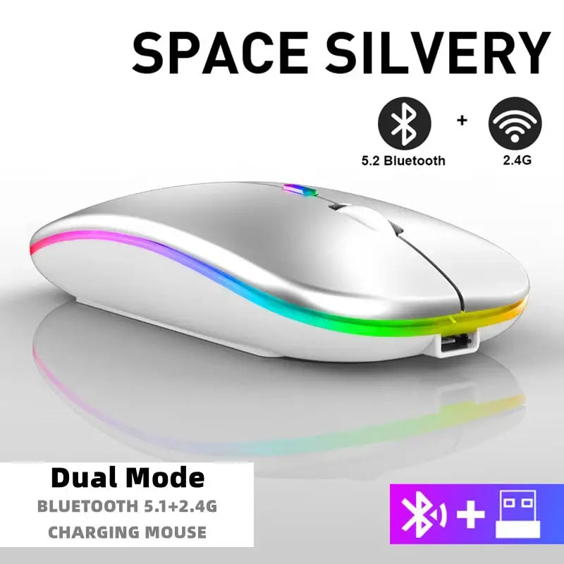 Sleek silver Bluetooth wireless mouse with LED lighting and dual connectivity modes