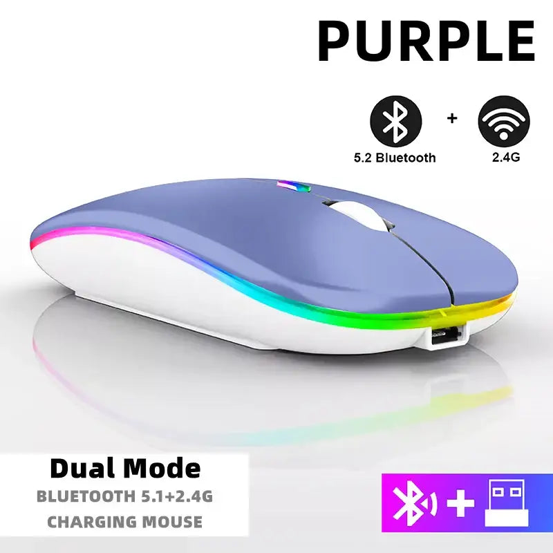 Sleek purple Bluetooth wireless mouse with RGB lighting and dual connectivity modes