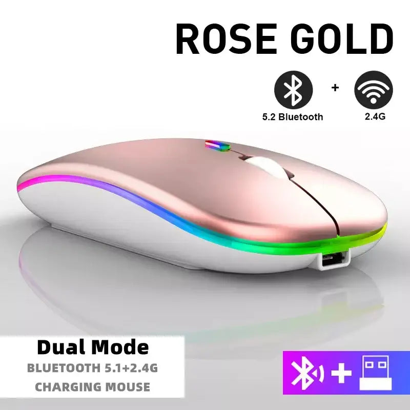 Sleek rose gold Bluetooth wireless mouse with RGB lighting and rechargeable battery