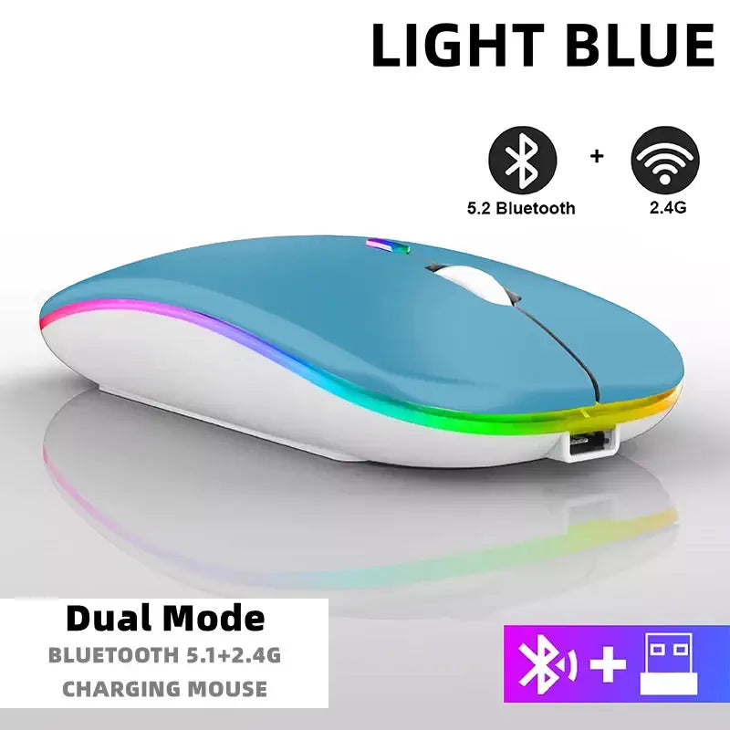 Light blue HXSJ Bluetooth Wireless Mouse with RGB lighting and dual connectivity modes