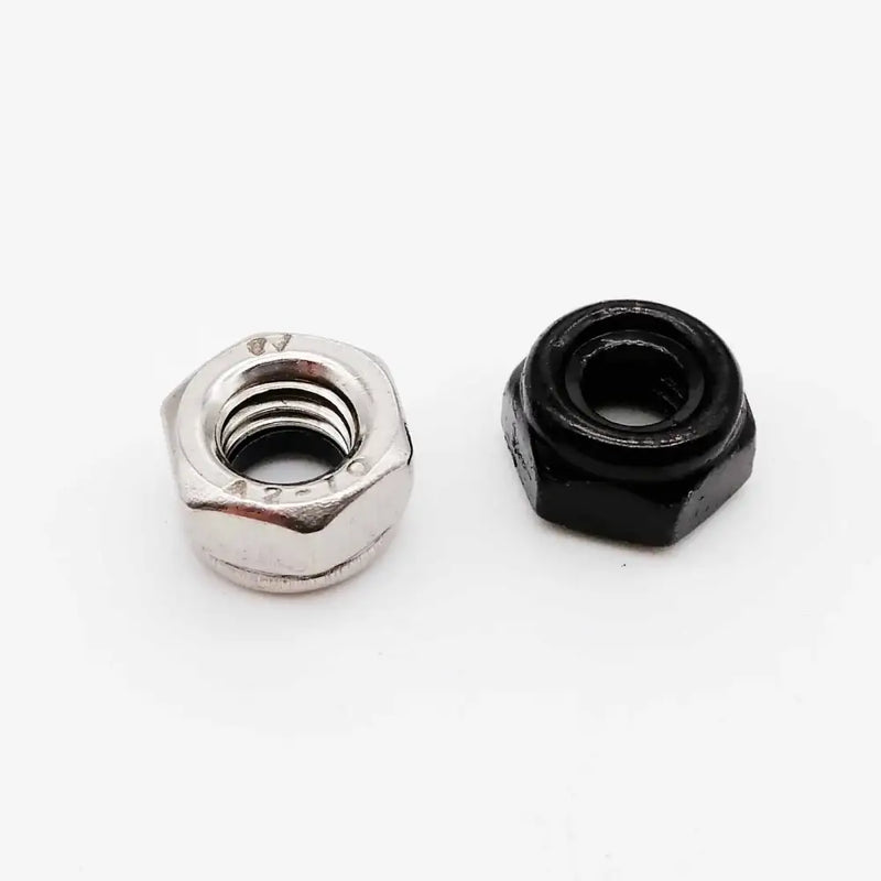 Two HZYUEGOU DIN985 Nylon Lock Nuts, one silver and one black, durable carbon steel