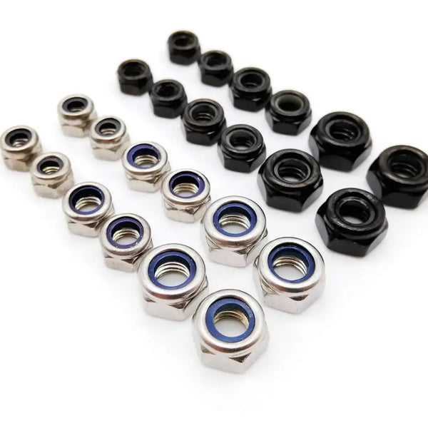 Collection of HZYUEGOU DIN985 Nylon Lock Nuts in silver and black with blue inserts