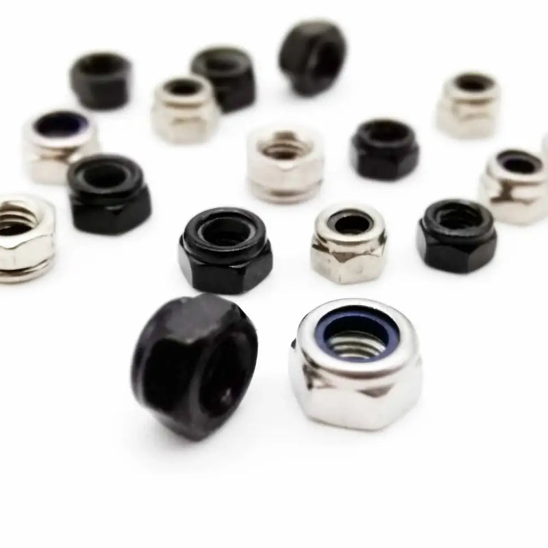 Assortment of HZYUEGOU DIN985 Nylon Lock Nuts in black and silver colors