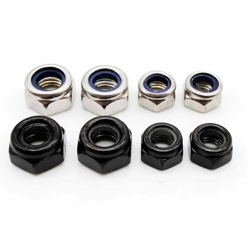 Assortment of HZYUEGOU DIN985 Nylon Lock Nuts in silver and black colors