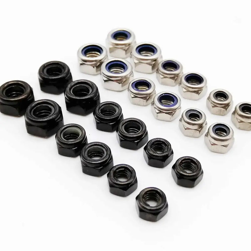 Collection of HZYUEGOU DIN985 Nylon Lock Nuts in black and silver hues