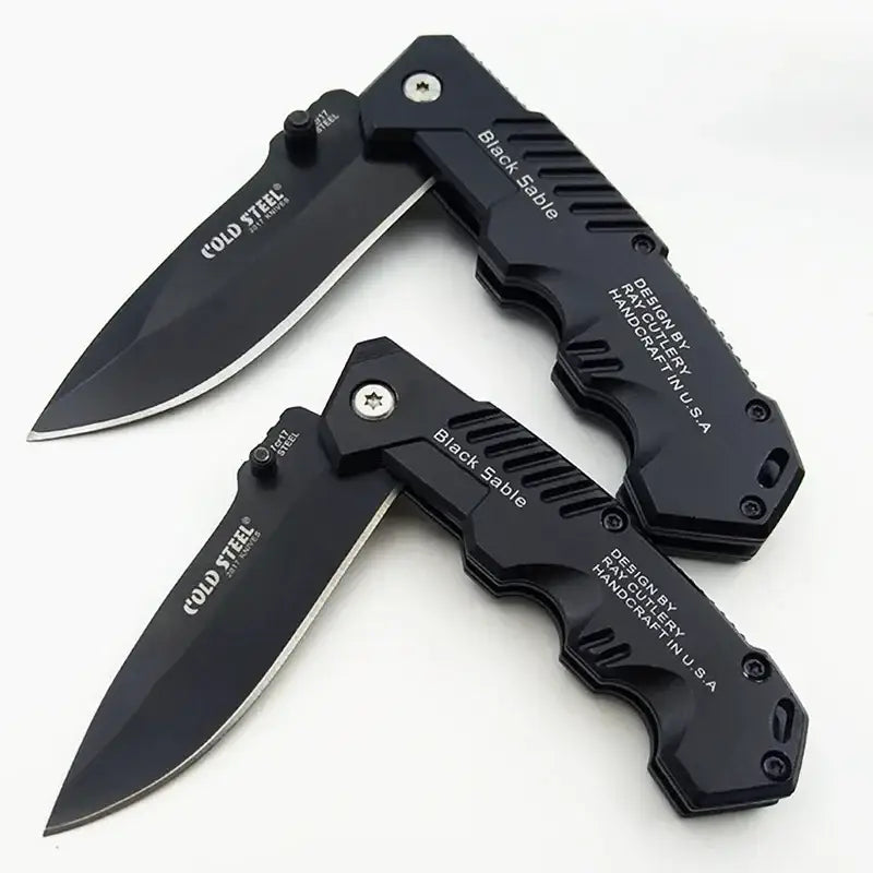 Two black folding pocket knives from IROVNE DIY Supplies with sharp stainless steel blades