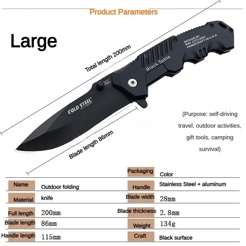 Folding tactical knife with black blade, showcasing IROVNE DIY Supplies specifications