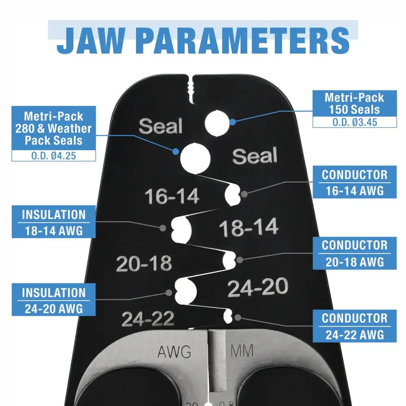 Diagram of IWISS IWC-1424AB Mini Crimping Plier jaw parameters for Mainland China DIY supplies