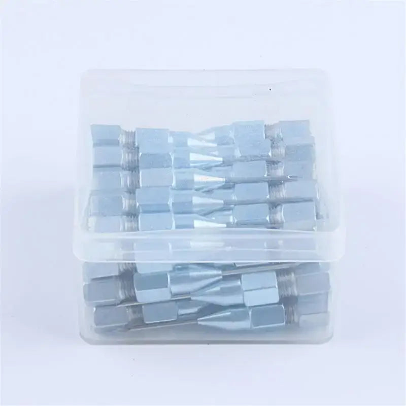 Clear plastic container filled with light blue clips for High Carbon Steel gun needle tips