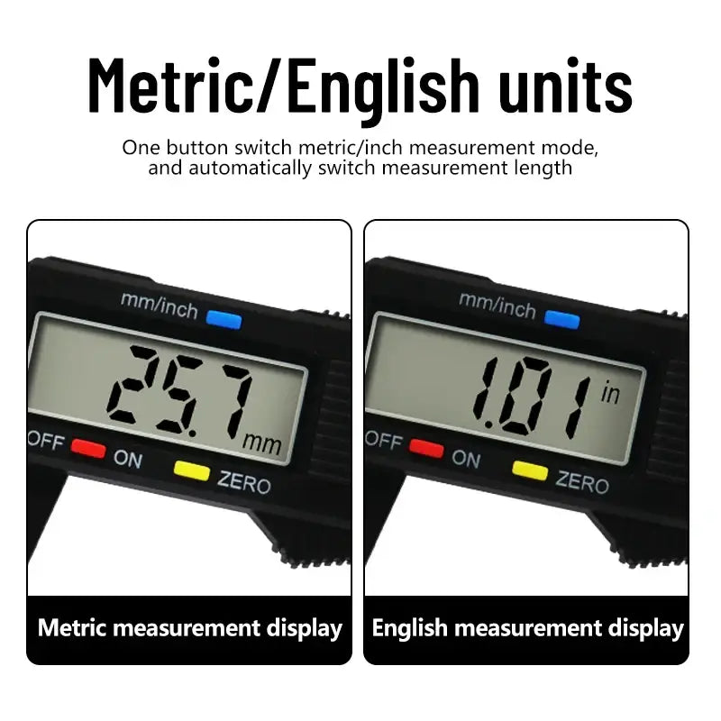 Digital caliper showing metric and English units for Jigong Model Number JIG01R1