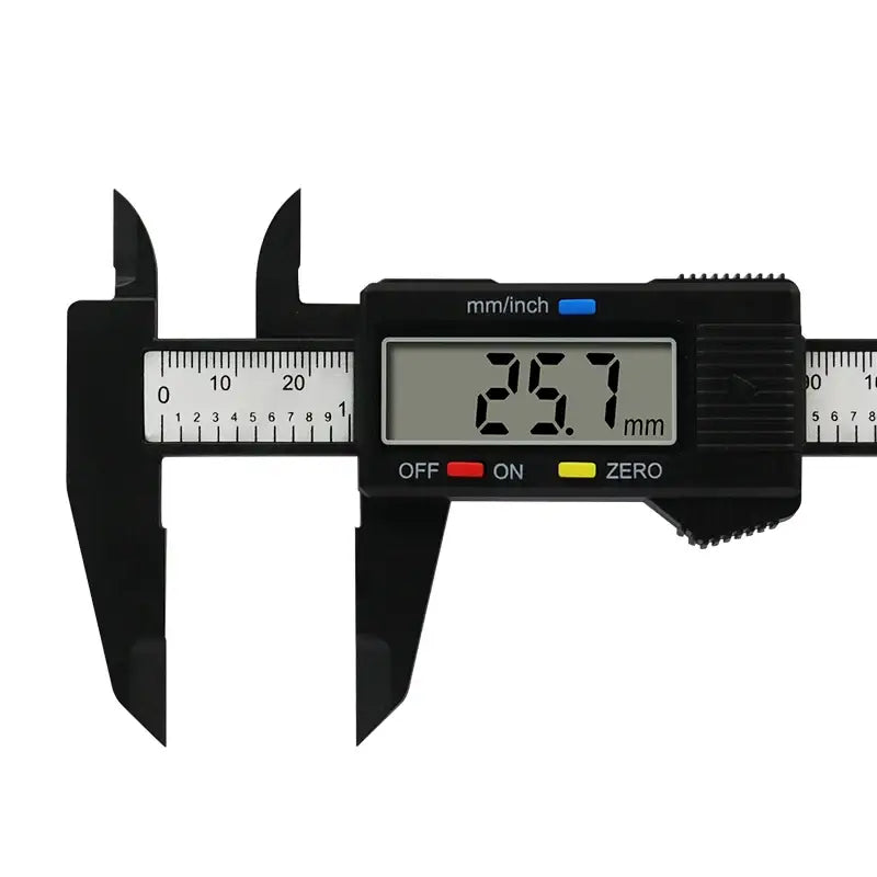 Digital caliper showing 25.7 mm in Jigong Model Number JIG01R1 measurement range