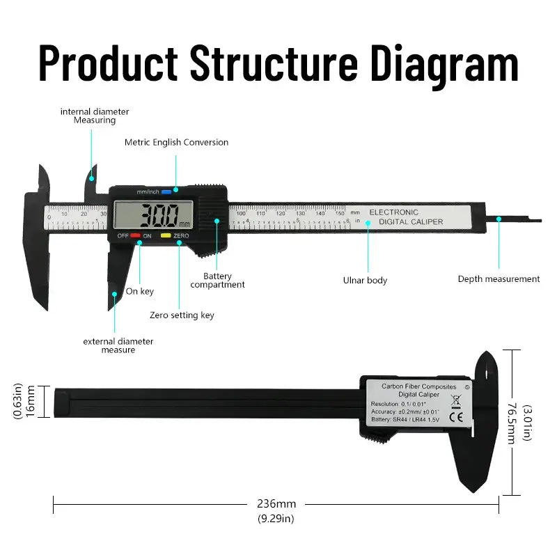 Digital caliper with labeled parts and dimensions, Jigong Model Number JIG01R1 measurement range