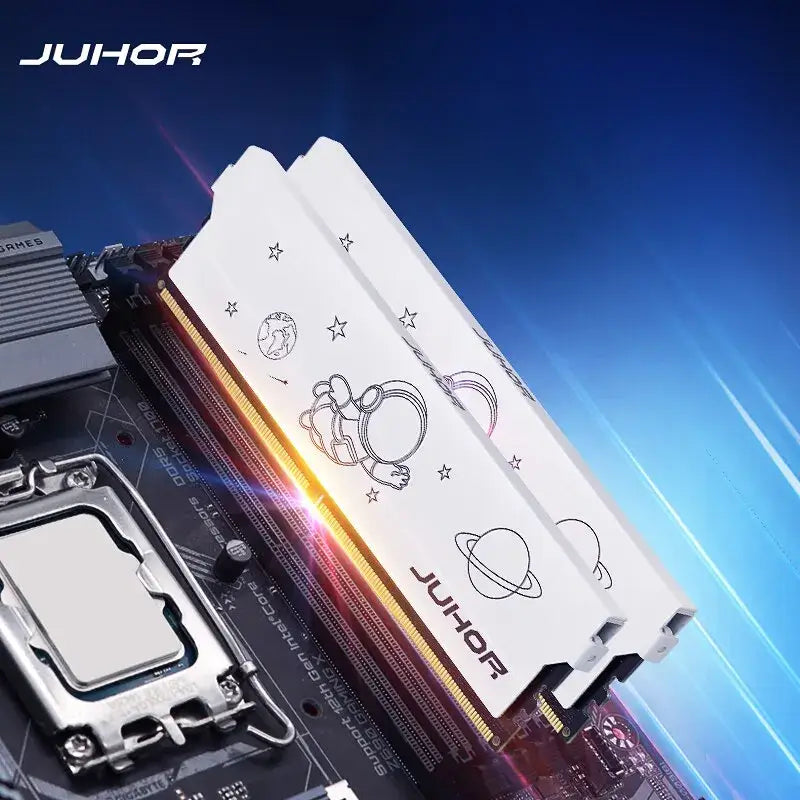 White JUHOR DDR4 8GB RAM module with space-themed heatsink for gaming performance