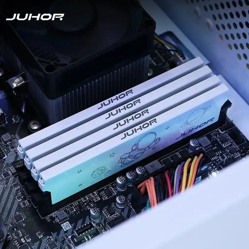 JUHOR DDR4 8GB and 16GB Desktop Gaming Memory Modules with white heatsinks and blue gradient