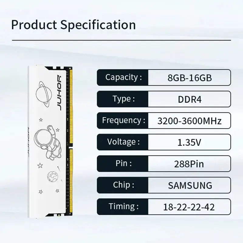 JUHOR DDR4 8GB and 16GB Desktop Gaming Memory Modules with specifications displayed