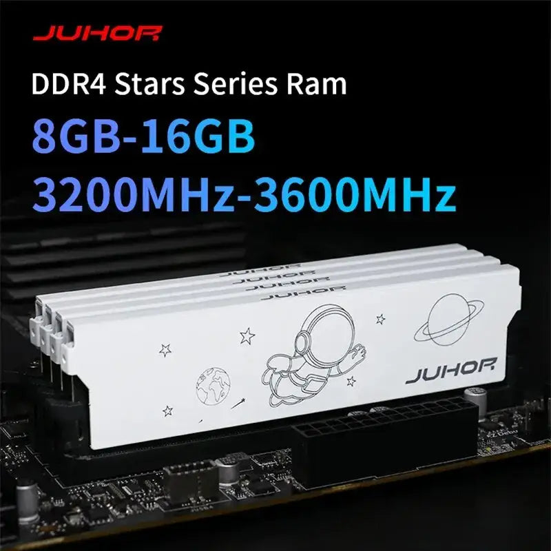 White JUHOR DDR4 8GB RAM module featuring space-themed graphics on heatsink