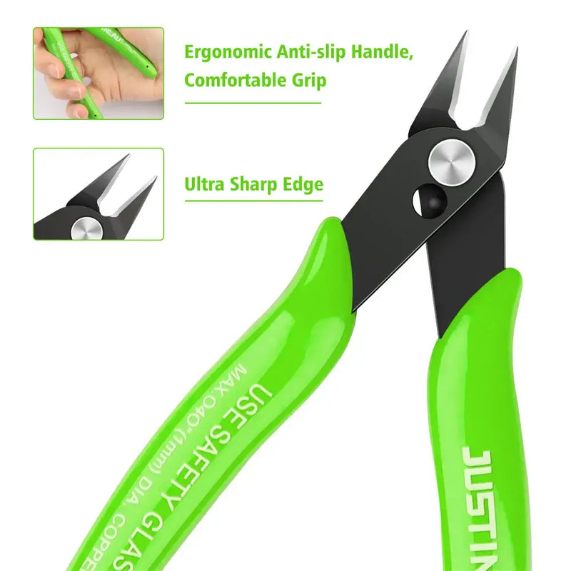 Bright green ergonomic nail clippers with sharp edges alongside JustinLau Carbon Steel Wire Stripper