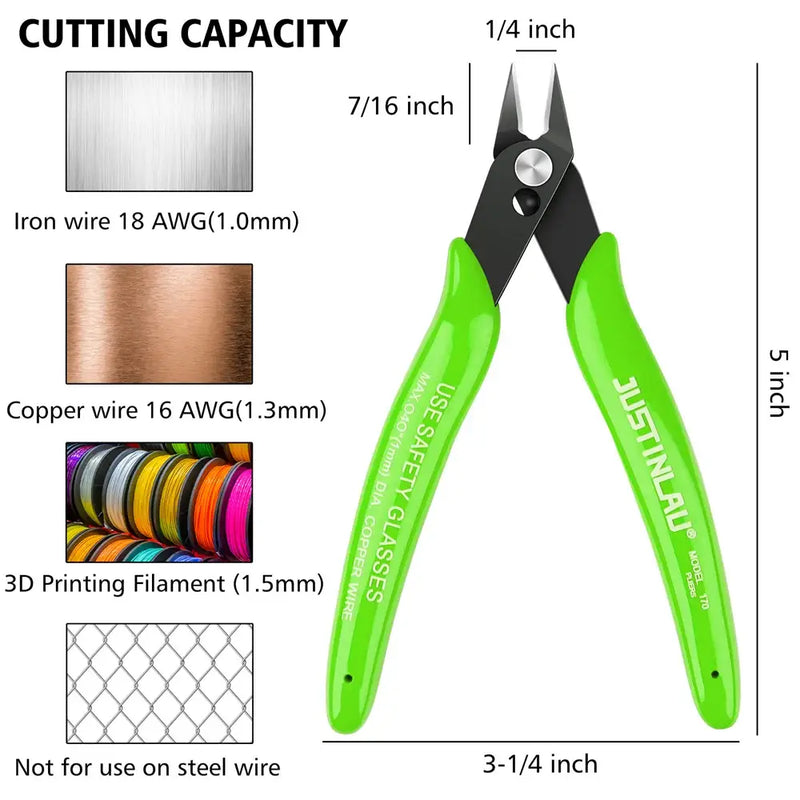 Green-handled JUSTINLAU Carbon Steel Wire Stripper with labeled cutting capacities