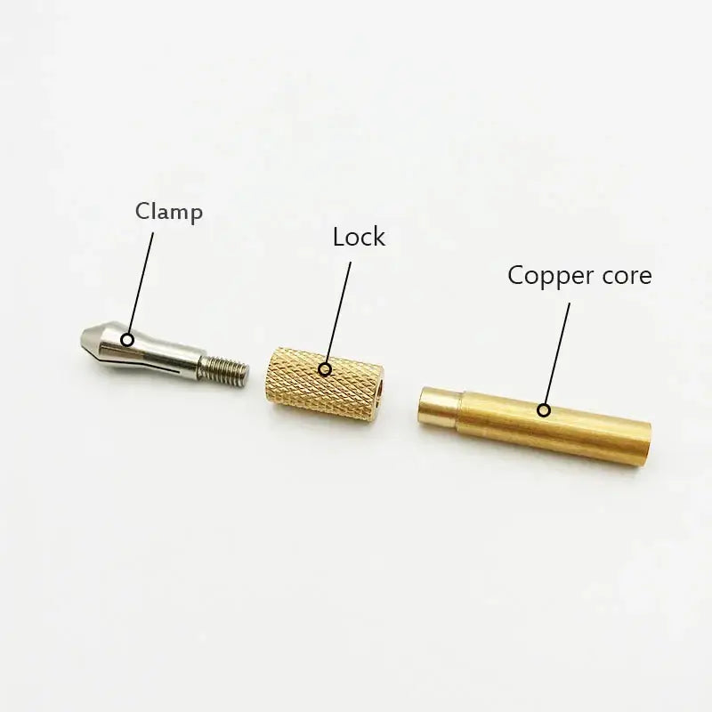 Three components of a Jyrkior Hand Tool cable connector: clamp, lock, and copper core