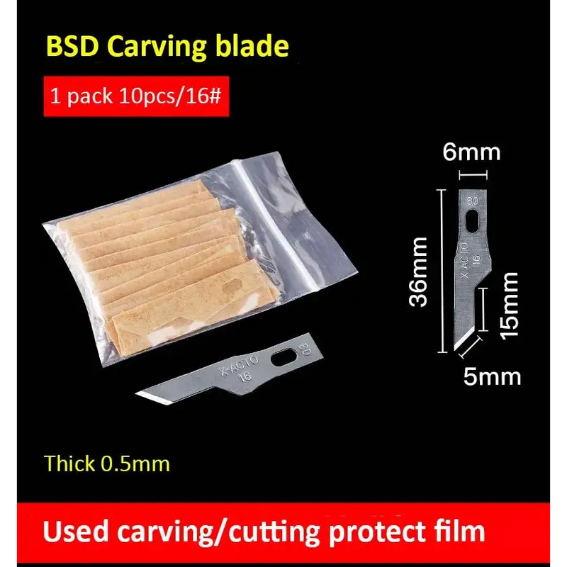 BSD carving blade with dimensions and packaging for Jyrkior Hand Tool and soldering iron