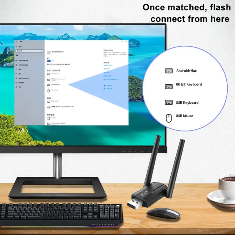 Computer monitor showing Kebidumei Bluetooth 5.3 Adapter for seamless audio streaming