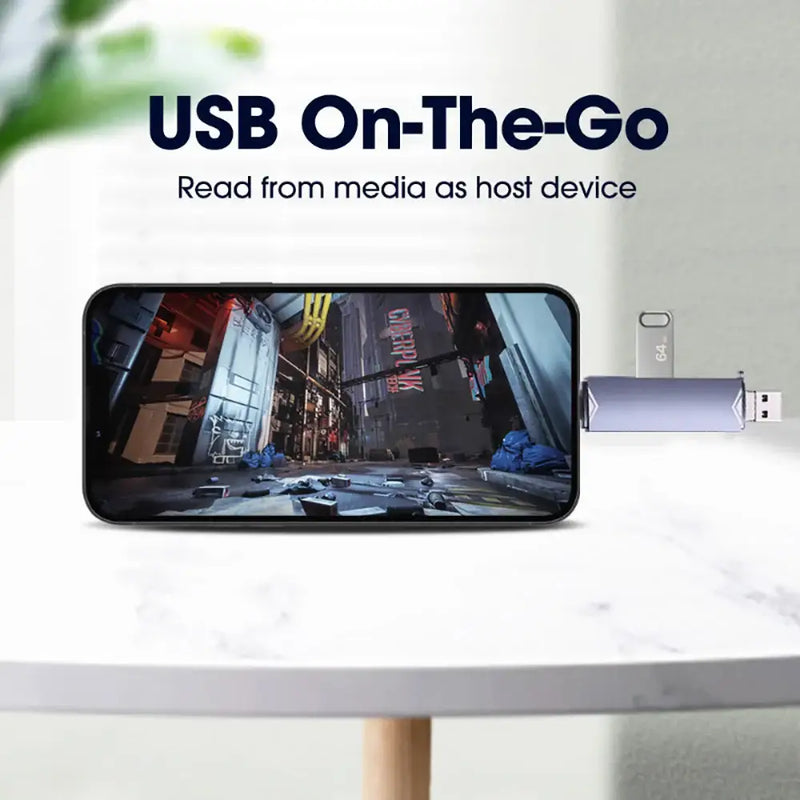 USB On-The-Go device connected to Kebidumei Multi Card Reader and smartphone with cityscape