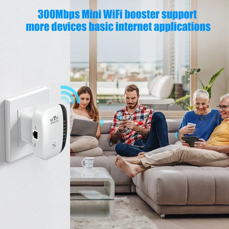 Mini WiFi booster plugged into an outlet, showcasing Kebidumei WiFi Repeater for enhanced Wi-Fi transmission