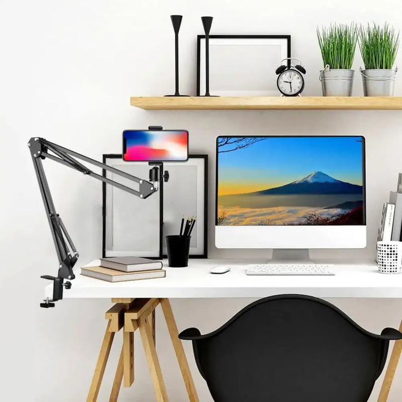 Modern workspace featuring KEBTYVOR Lazy Bracket Charger Desk Holder with office accessories