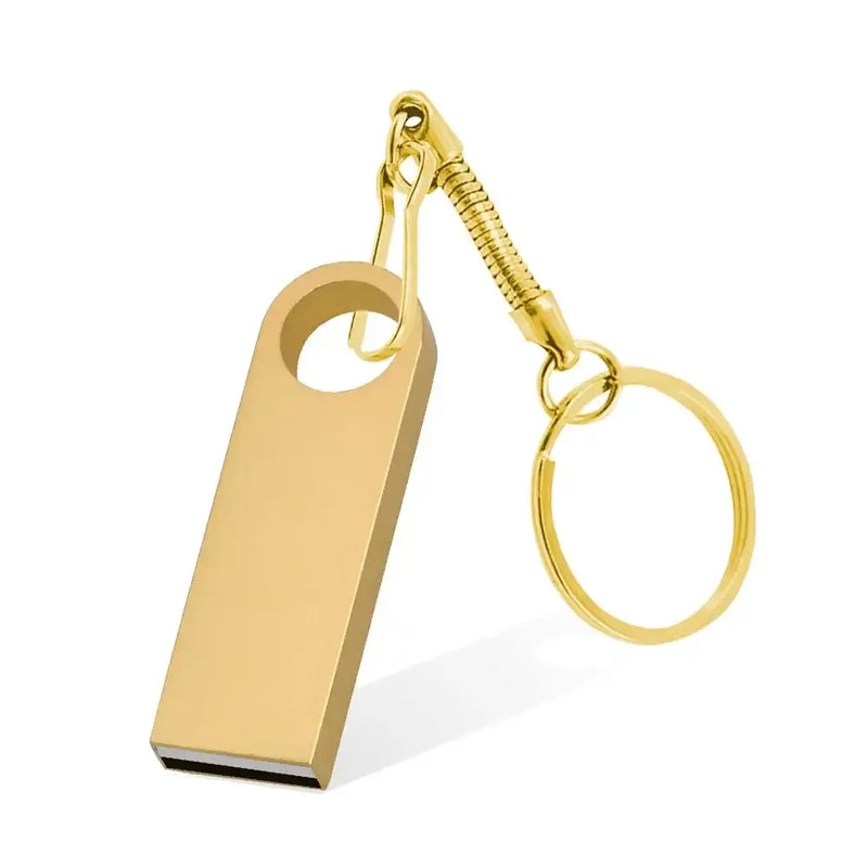 Gold-colored KFHIREW USB flash disk on keyring, featuring China interface type