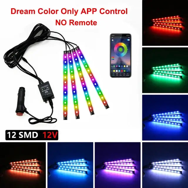 Colorful LED light strips for vehicles controlled via app, enhancing voice control car features