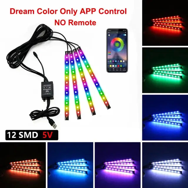 Colorful LED light strips for vehicles, controlled by a smartphone app, enhancing ambiance