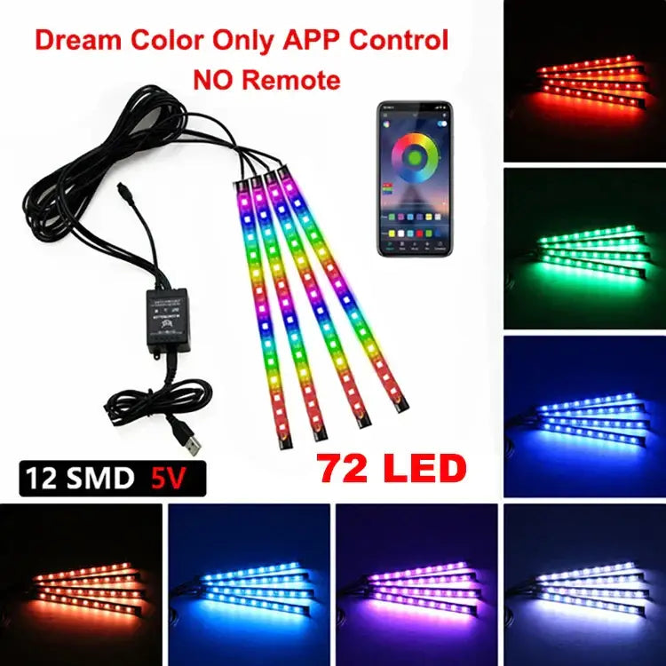 Multicolored car light strips with app control, featuring KIEND Voice Control Atmosphere Lamp