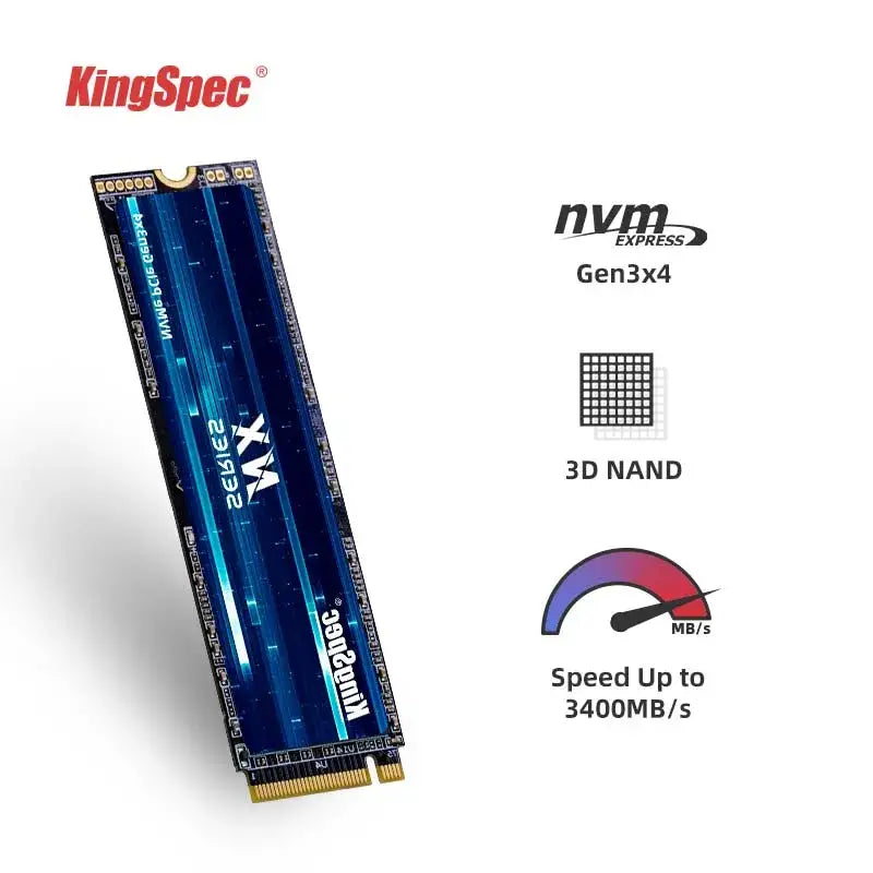 NVMe solid-state drive with blue metallic casing and KingSpec branding for KingSpec 1TB