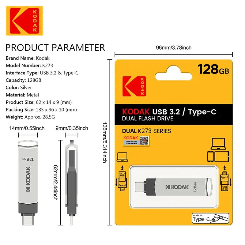 Kodak K273 USB Flash Drive Metal USB 3.2 Pendrive 128GB Type c OTG 64GB