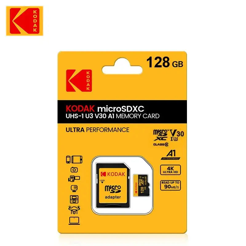 Kodak 128GB microSDXC High Speed Card for 4K Video and digital devices in retail packaging