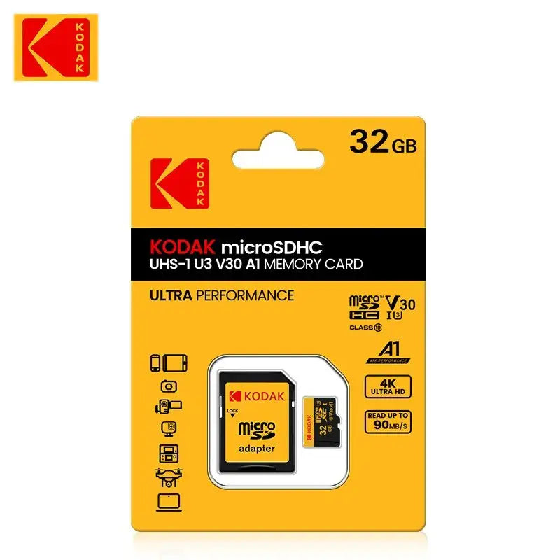 Kodak 32GB microSDHC memory card package with adapter for digital devices and 4K video