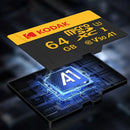Kodak 64GB microSD XC High Speed Card displayed above a glowing AI processor chip for digital devices
