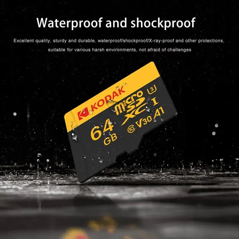 Kodak 64GB microSDXC Memory Card featuring waterproof and shockproof durability