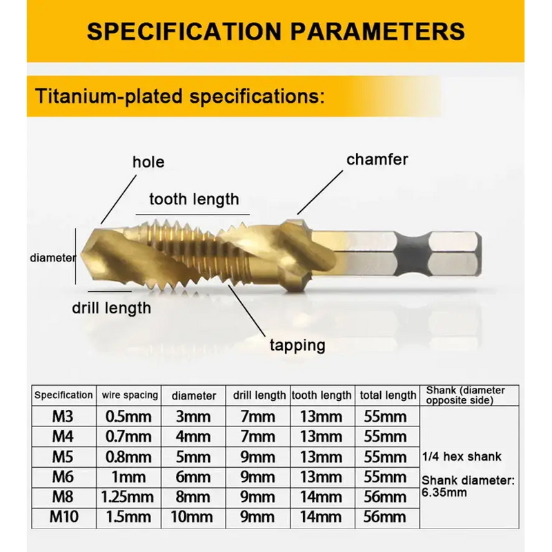 1/6Pcs Tap Drill Bit Set Hex Shank Titanium Plated HSS Screw Thread Bit Screw