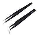 Pair of black precision angled electronic tweezers made of durable stainless steel