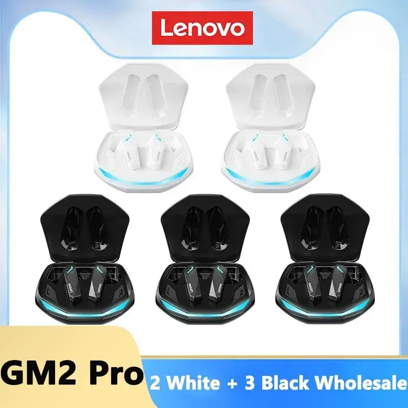 Lenovo True Wireless Earbuds in charging cases, showcasing black and white color options