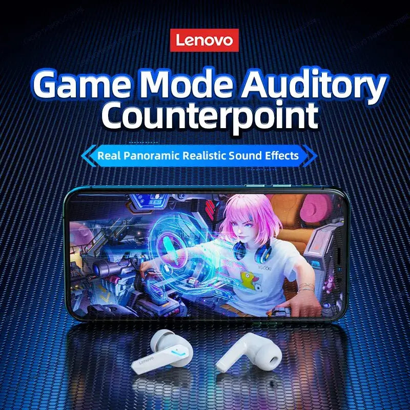 Advertisement for Lenovo True Wireless Earbuds with Charging Case and Sound Isolating Features