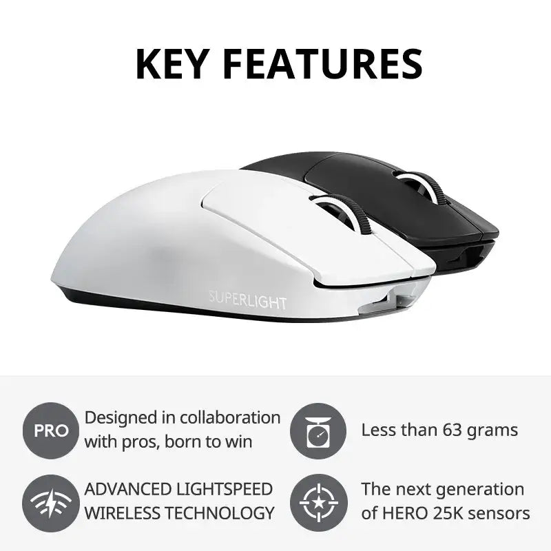 Sleek Logitech G PRO X Wireless Dual Mode Gaming Mouse in black and white options