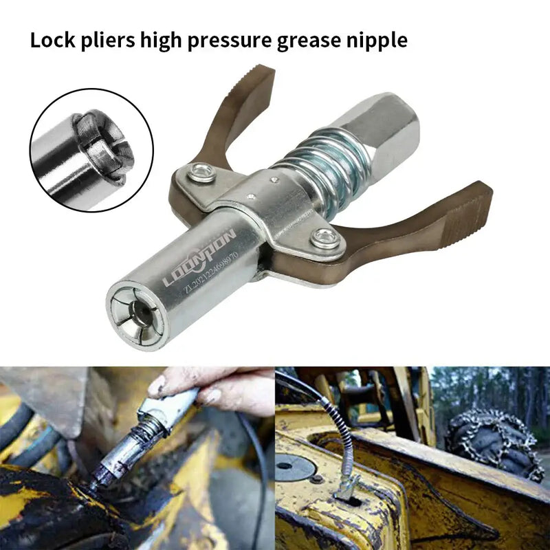 Lock pliers-style grease gun attachment with dual lever handles for hand tool parts