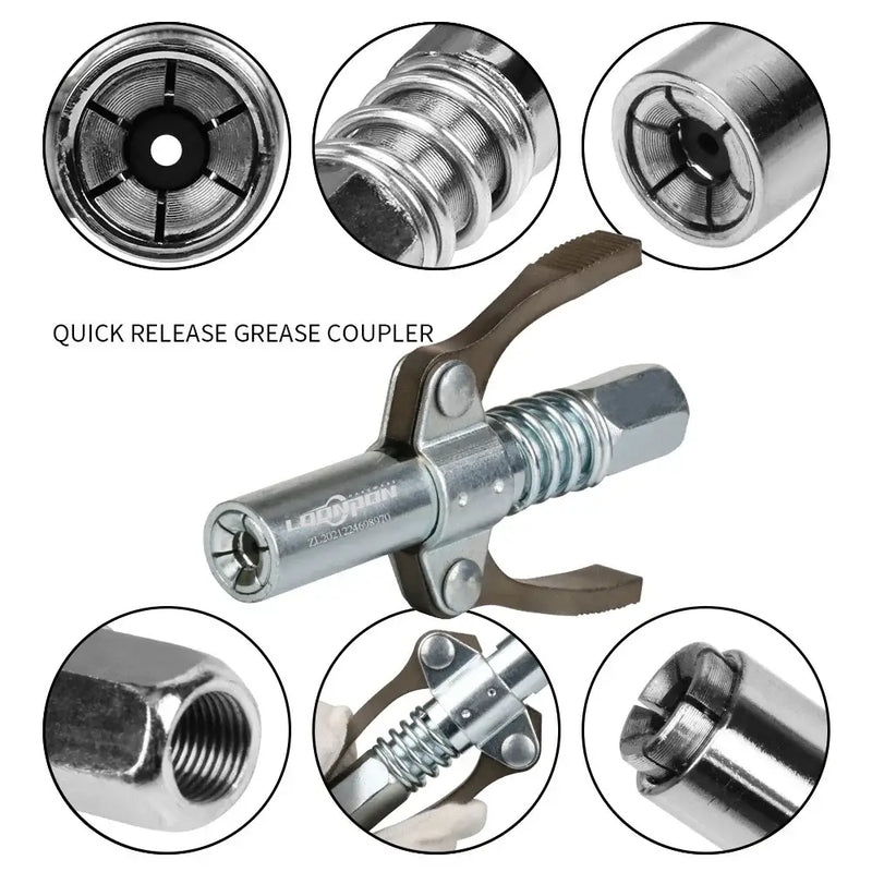 Quick release grease coupler showcasing detailed views of Loonpon hand tool parts