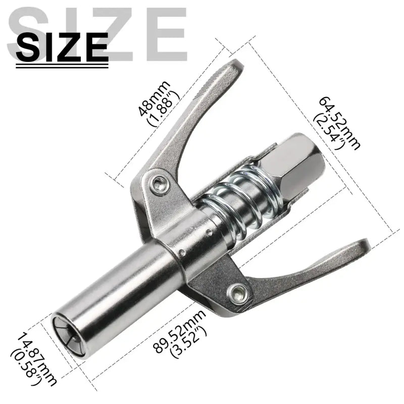 Hydraulic grease coupler with lever mechanism and measurements for hand tool parts