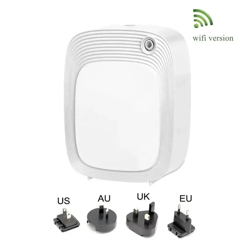 White WiFi-enabled air purifier with interchangeable plugs for LUXPERFUME 200ml Oil Diffuser