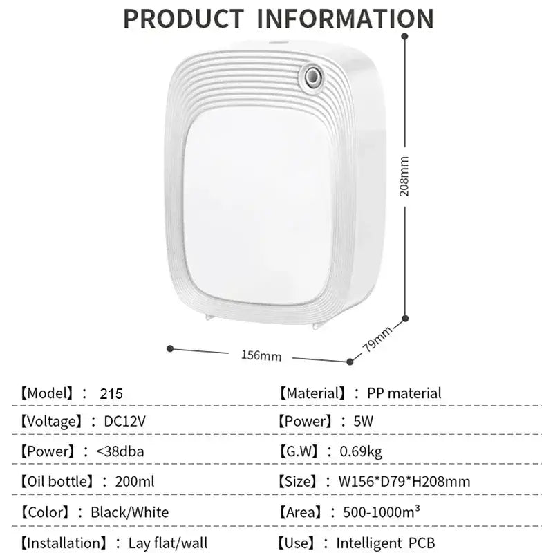 Compact white Luxperfume 200ml Oil Diffuser with specifications for enhanced air quality