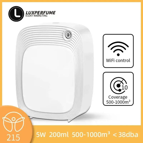 White compact LUXPERFUME 200ml oil diffuser with curved design and front grille