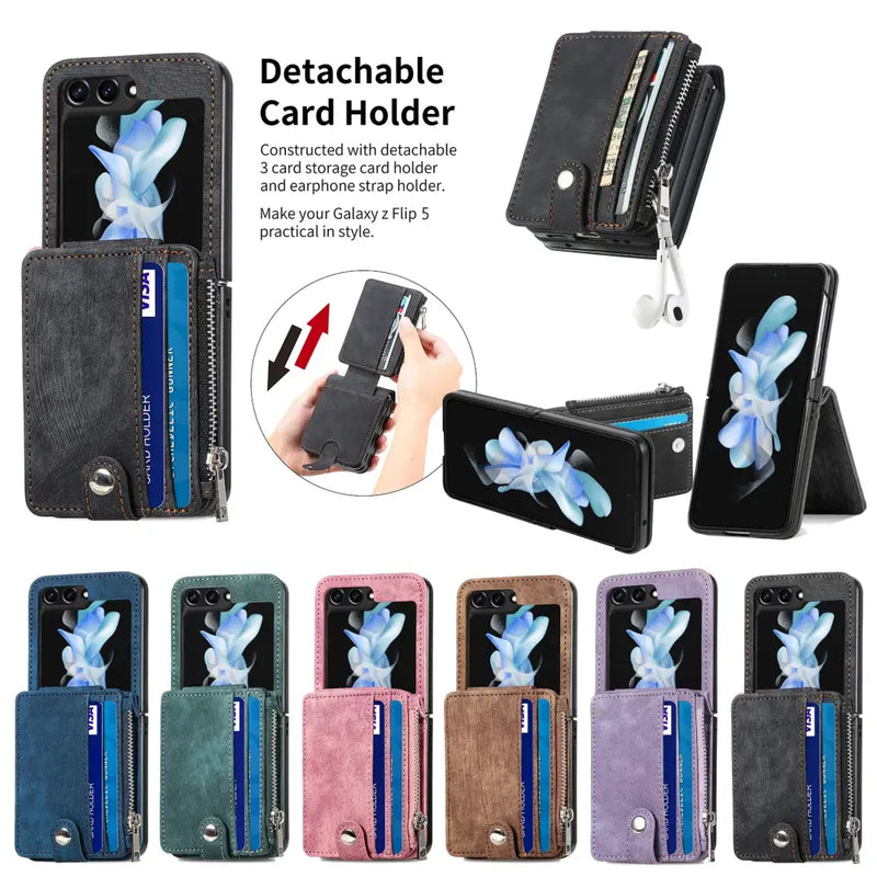 Luxury Card Pocket Wallet Case for Samsung Galaxy Z Flip with detachable card holder